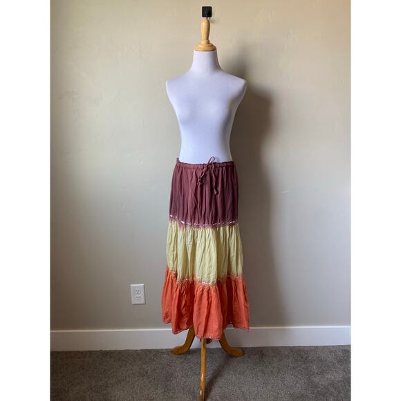 Kaaku Multicolor Ombre Gauzy 100% Cotton Sequence Tiered Boho Hippie Midi Skirt - Picture 1 of 6